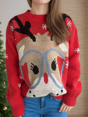 Red acrylic reindeer graphic festive knit sweater with snowflake details.