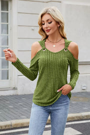 Moss ribbed cold-shoulder top with ring detail and long sleeves