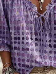 Full Size Tie Neck 3/4 Sleeve Blouse Plus Size in Sherbet, editorial view