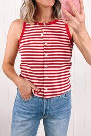 Red and white striped ribbed knit tank top with button detail and red trim.