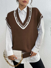 Brown acrylic knit vest with varsity stripes and pearl trim neckline.