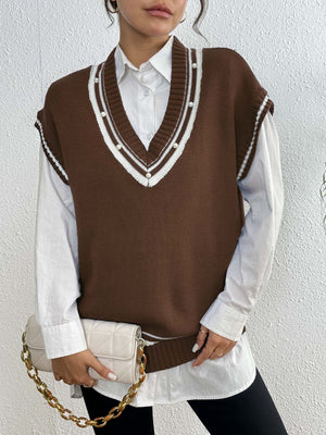 Brown acrylic knit vest with varsity stripes and pearl trim neckline.