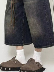 Men's Wide Leg Washed Denim Capris Plus Size in Dark, side view