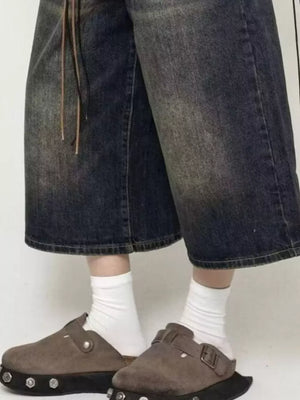 Men's Wide Leg Washed Denim Capris Plus Size in Dark, side view