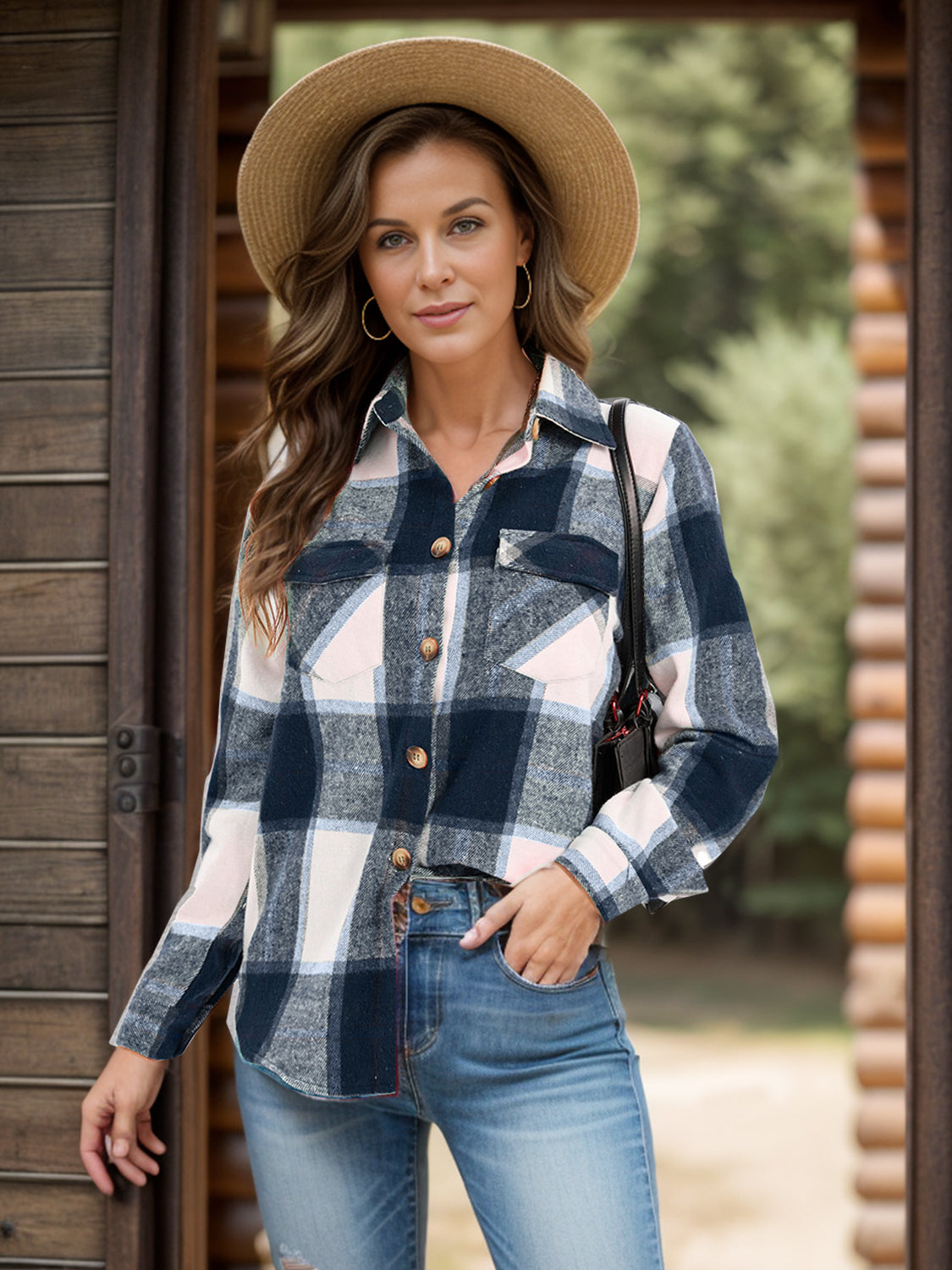 Checked plaid button-down overshirt with chest pockets and a collared neckline.