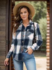 Checked plaid button-down overshirt with chest pockets and a collared neckline.