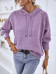 Lavender textured knit raglan sleeve hoodie with drawstring hood and cuffed sleeves.