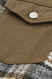 Mixed media shacket with brown corduroy pocket and plaid detail.