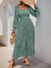 Green floral print square neck long sleeve dress with smocked waist and front slit