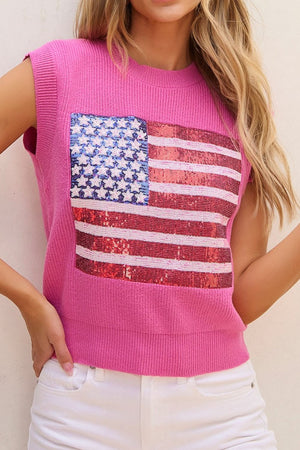 Fuchsia pink knit tank top with sequin American flag detail.