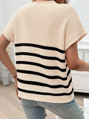 Knit stripe tee in tan with black horizontal stripes, short sleeves, and mock neck.