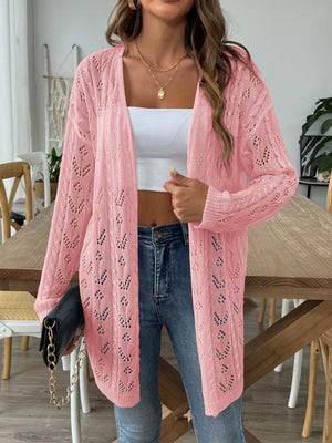 Openwork diamond knit duster cardigan in pink with long sleeves and an open front.