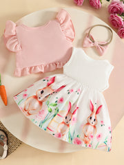 Baby dress with bunny print and ruffle cardigan set in pink and white.