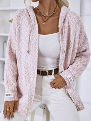 Dusty Pink textured knit zip-up cardigan with a logo detail on the sleeve.
