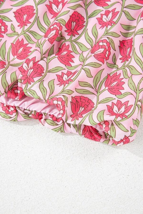 Floral print crop top set in dusty pink with gathered hem detail