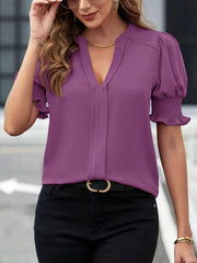 Mauve shirred sleeve plunge neckline blouse with ruffled cuffs
