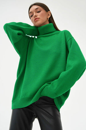 Mid Green relaxed roll-neck sweater with a boxy knit cut and ribbed cuffs and hem.