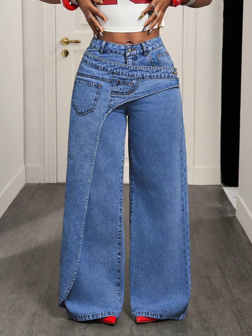 Asymmetrical High-waisted Wide-leg Jeans in Medium Blue, side view