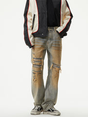 Men's distressed jeans with unique wash and ripped details.
