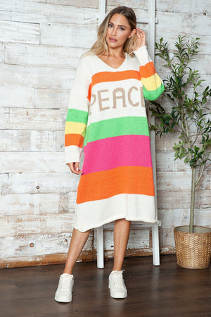 Beige midi sweater dress with rainbow stripes and PEACE lettering