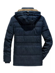 Dark blue hooded parka with sherpa lining and buttoned closure detail.