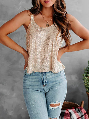 Sequin-embellished flounce tank top in champagne gold with a scoop neckline and spaghetti straps.