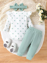 Children's Ruffled Polka Dot Bodysuit And Pants Set in Light Green, fabric detail