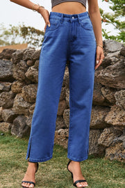 Medium wash denim straight leg jeans with cropped length and split hem detail.