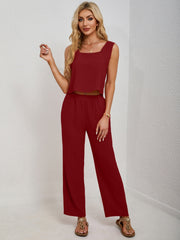 Deep Red cropped tank and palazzo pant set with square neckline and wide legs.