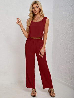 Deep Red cropped tank and palazzo pant set with square neckline and wide legs.