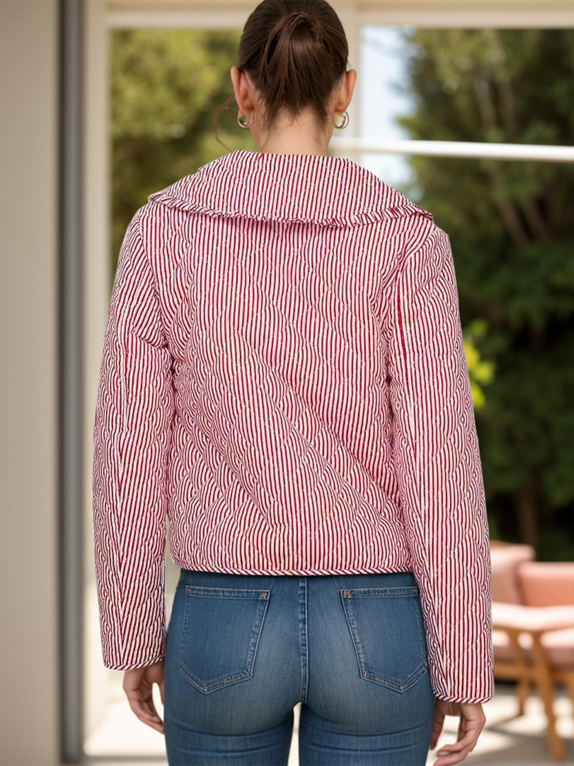 Puffer jacket in deep red with white pinstripes and quilted diamond pattern, featuring a piped collar.
