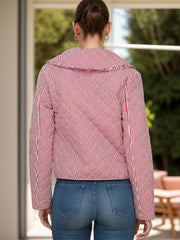 Puffer jacket in deep red with white pinstripes and quilted diamond pattern, featuring a piped collar.