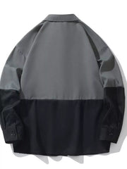 Two-tone oversized casual button-down shirt in grey and black color-block.