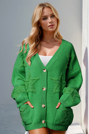 Green textured starburst pocket cardigan with button front and V-neck