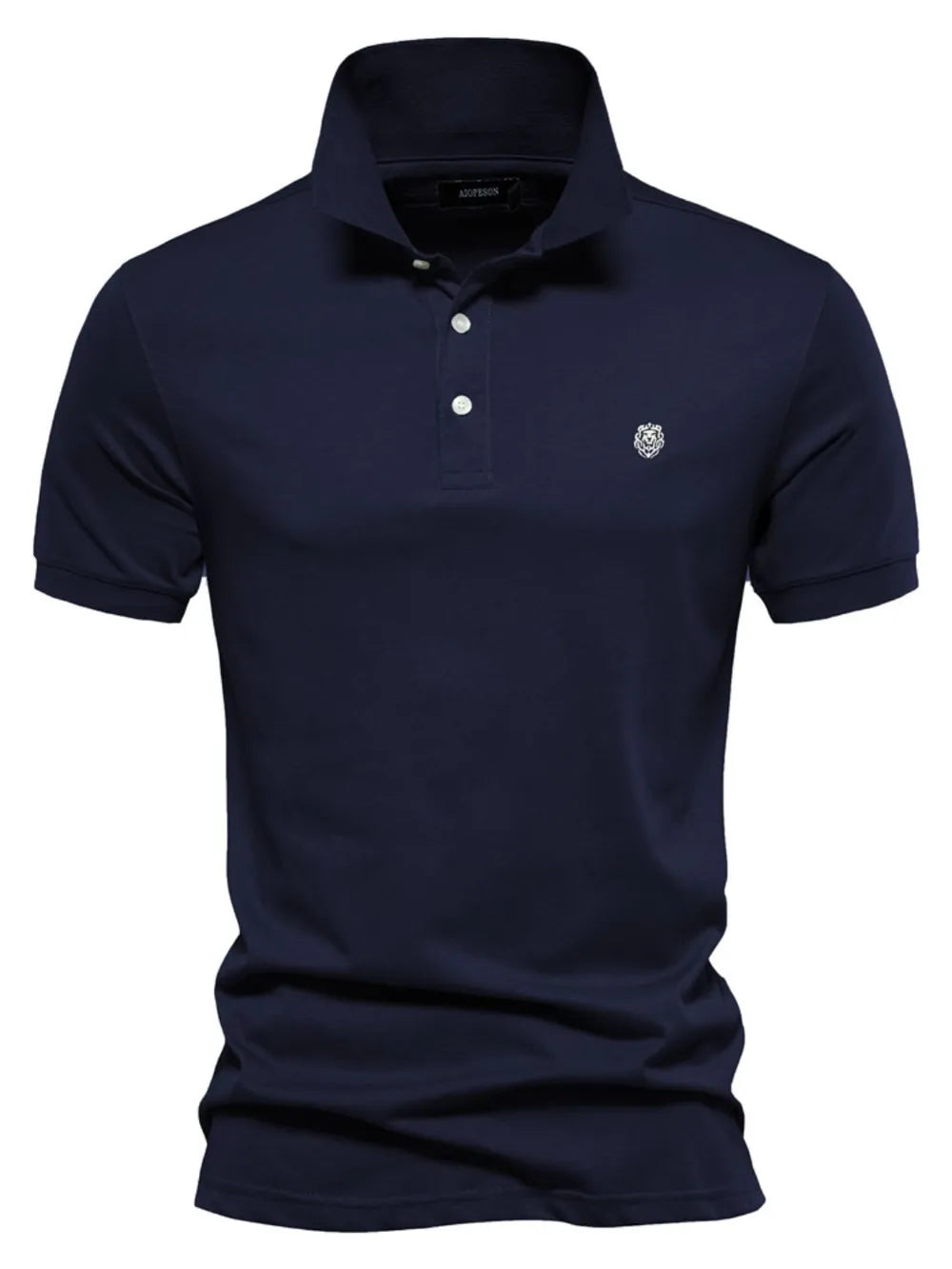 Navy cotton polo shirt with embroidered crest detail and button placket.
