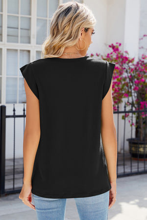 Black shoulder pad V-neck tank top with cap sleeves