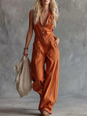 Western Sleeveless Wide-leg Button-down Jumpsuit in White, front view