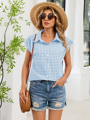 Plaid Button Up Cap Sleeve Shirt in Blue, product detail