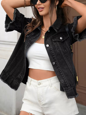Black denim trucker jacket with raw hem sleeves and collar