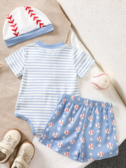 Baby baseball outfit set with striped bodysuit, baseball print shorts, and baseball cap.