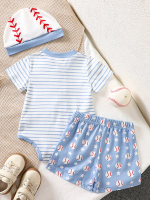 Baby baseball outfit set with striped bodysuit, baseball print shorts, and baseball cap.