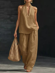 Khaki halter neck top with flowing wide-leg pants set, V-neck, breezy casual outfit.