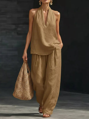 Khaki halter neck top with flowing wide-leg pants set, V-neck, breezy casual outfit.