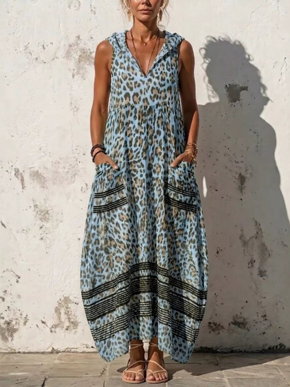 Sleeveless Hooded Leopard Print Maxi Dress in Blue, front view