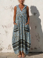 Sleeveless Hooded Leopard Print Maxi Dress in Blue, front view