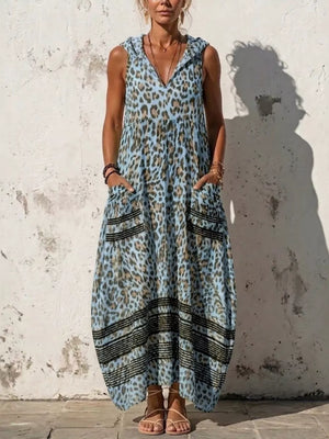 Sleeveless Hooded Leopard Print Maxi Dress in Blue, front view