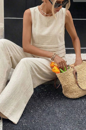 Sleeveless Top And Wide-leg Pants Set in Moss, front view