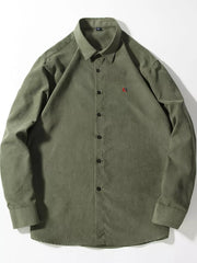 Men's Army Green Button-Up Shirt with red embroidered logo