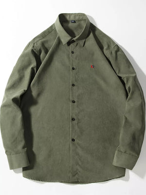 Men's Army Green Button-Up Shirt with red embroidered logo