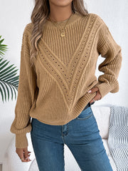 Camel chevron knit sweater with openwork detail and crew neck.